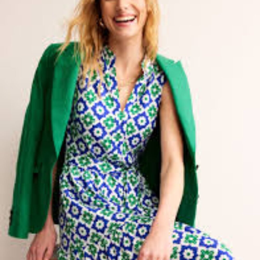 Boden Naomi Notch Collar Maxi Dress, Green Tambourine, Geo Stamp